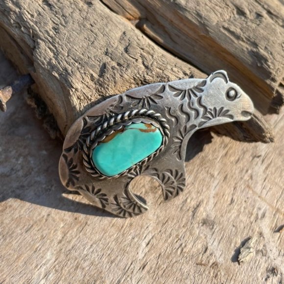 Signed AJC Native American Navajo Sterling Silver Turquoise Bear Pin - Picture 2 of 14